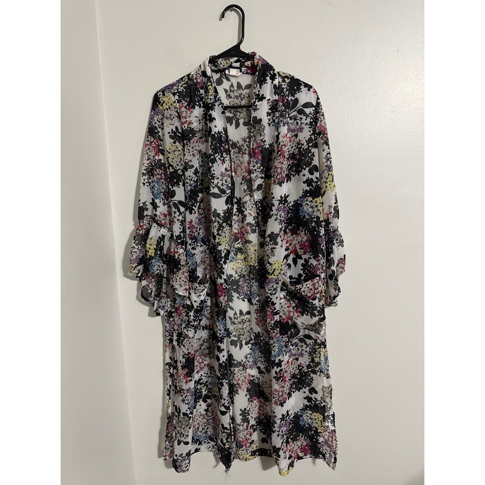 Westport Floral Duster Cardigan Womens Medium Ruffle Sleeve Sheer Chiffon Kimono